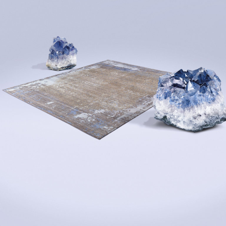 Hand-knotted luxury rug in tan and icy blue abstract design