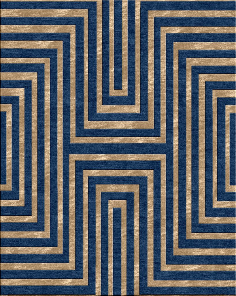 geometric striped rug blue gold