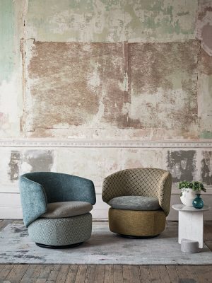 pale green abstract rug with chairs with romo fabric