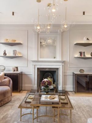 luxurious formal living room with abstract rug