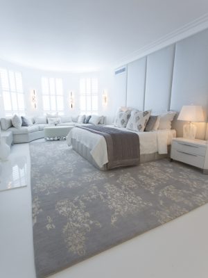 grey and yellow transitional design rug in bedroom