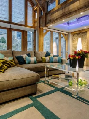 teal and ston modern rug in conservatory by nikki schaffer design
