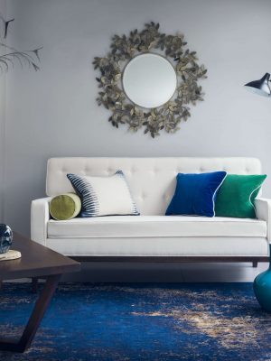 blue and copper luxury rug with white sofa by I&JL Brown