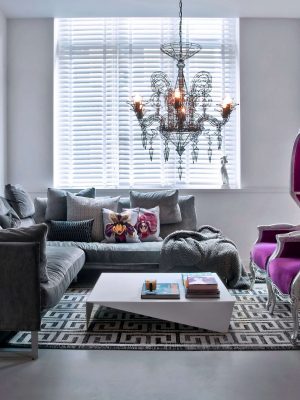 luxury black and white rug with geometric design in room designed by Jimmie Martin