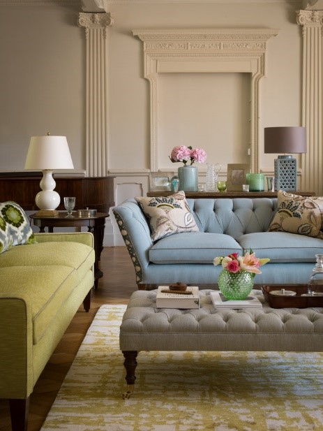 Green and cream living room rug